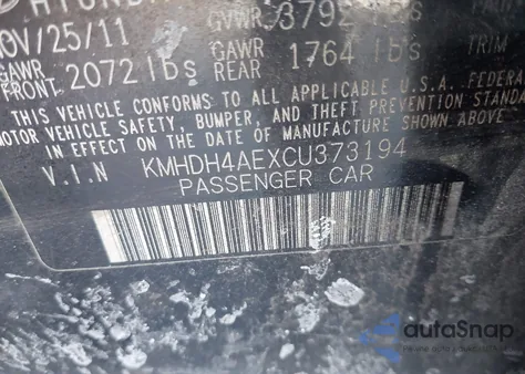 2012 Hyundai Elantra Gls (Ulsan Plant) from USA, damaged, VIN KMHDH4AEXCU373194